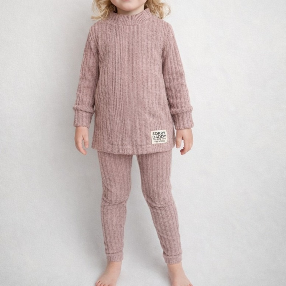 NEW Girls 2 piece Cable Knit Set Ribbed Texture & "Sorry Daddy" Patch 4-5T Mauve